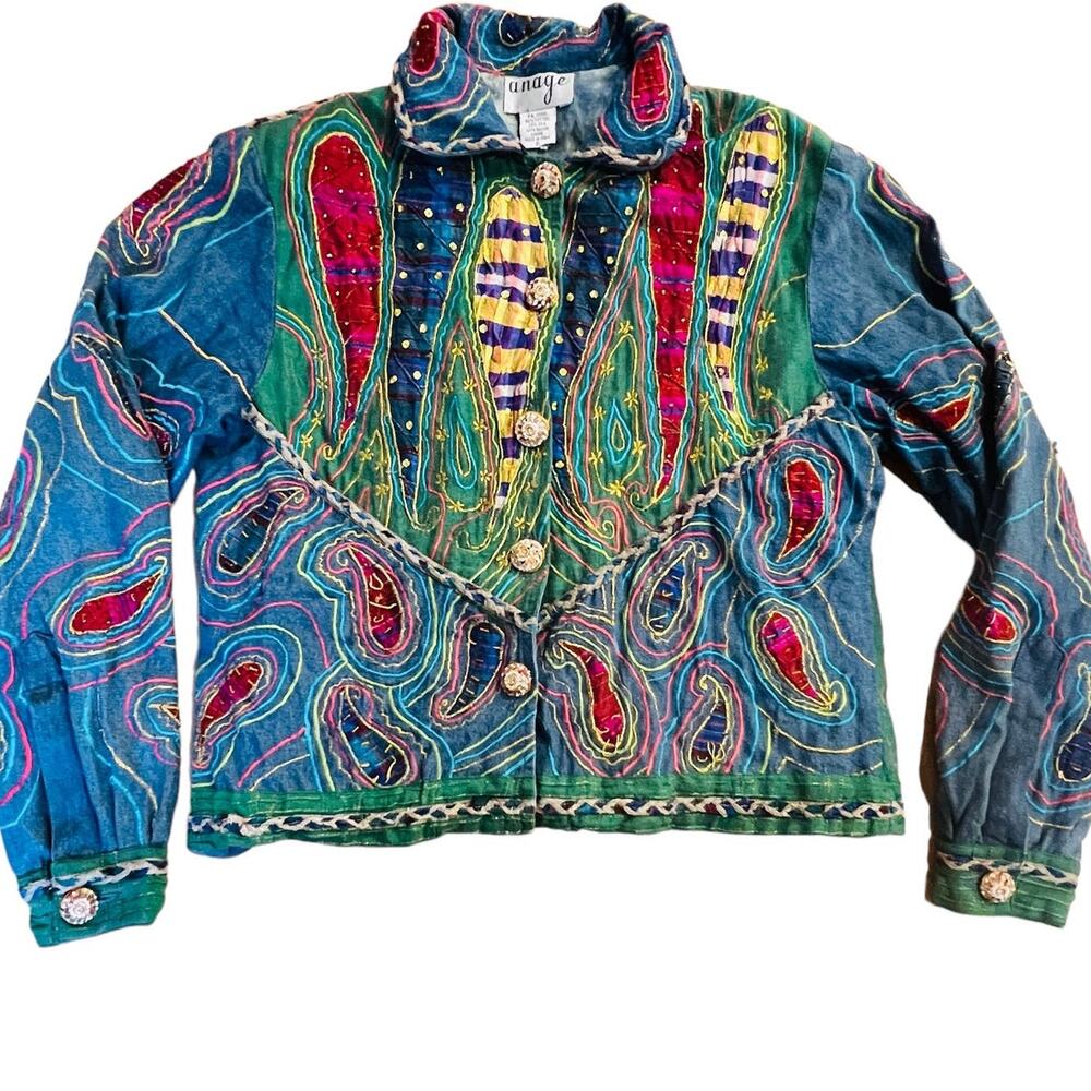 VTG 90s Anage Art To Wear Jacket Women’s S Silk Cotton Beaded Patchwork Boho Y2K